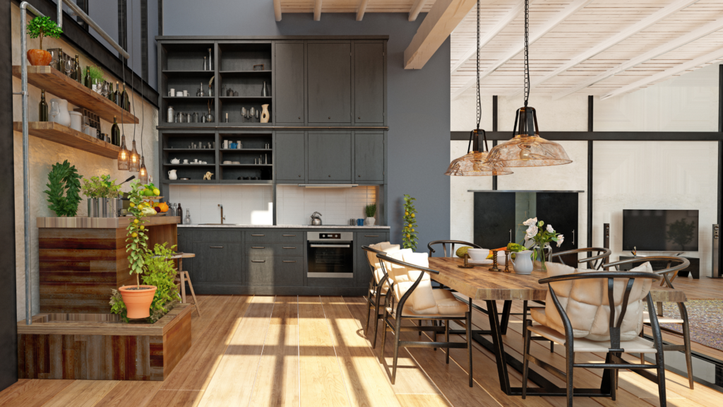 Modern dark accent wall brings a pop of color to kitchen and dining room
